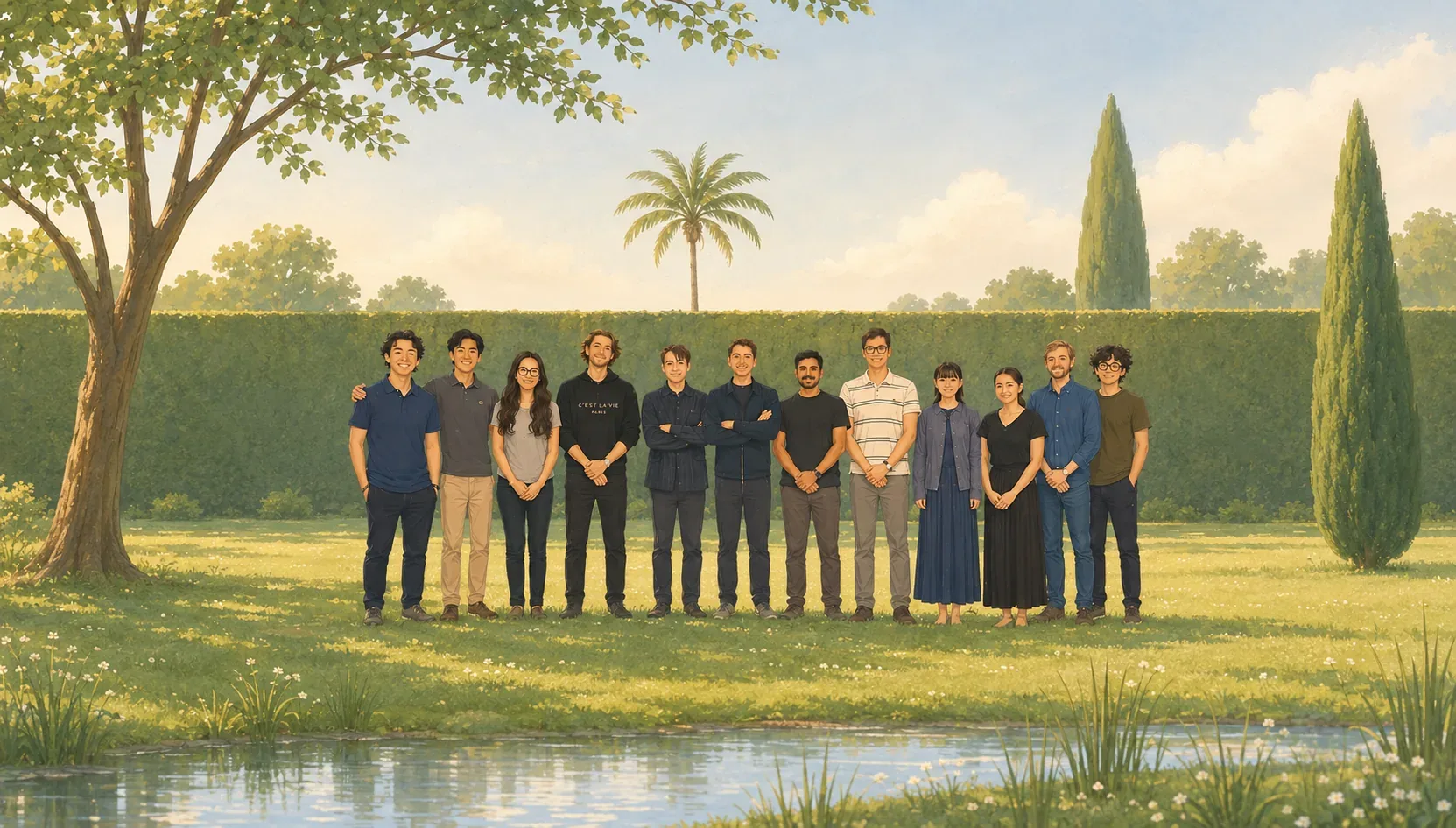 The Uare.ai team standing together in a sunlit garden