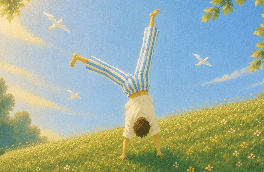 A figure cartwheeling through a sunlit field under a blue sky