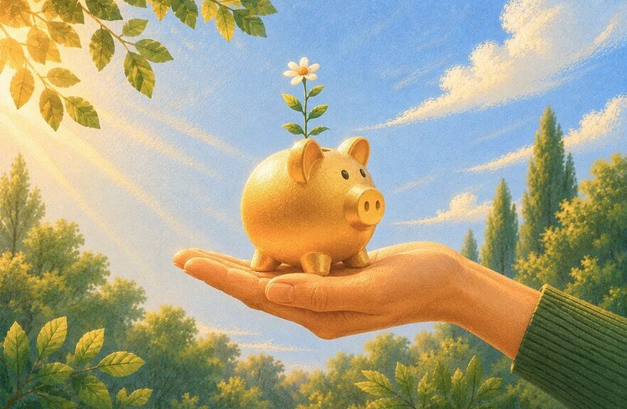 A hand cradling a golden piggy bank with a flower sprouting from the top